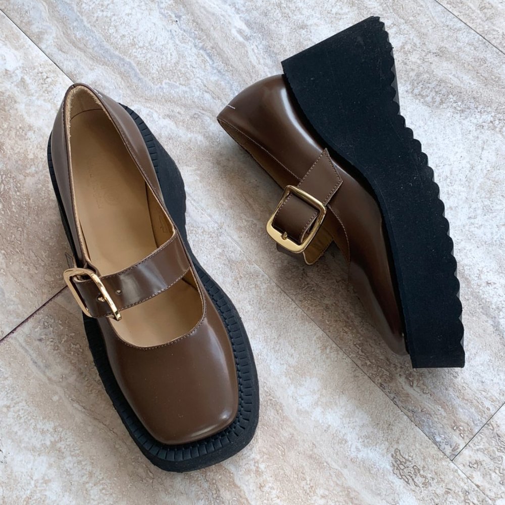 MM6 Maison Margiela chunky foam wedge leather gold buckle mary janes BISON BROWN